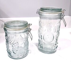 Vintage Embossed Fuit Pattern Glass Canister Set with Wire Bale Hinges, Set of 2